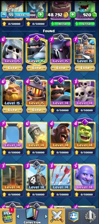 CR500 KT 15 LV55 | 9600 Trophies | 9 Evolutions | 63 Max Level Cards | 6 Elite Level 15 Cards | 120/121 Cards | 72 Emotes | 920 Gems